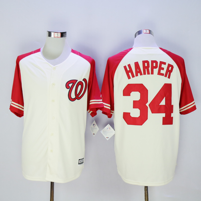 Men Washington Nationals 34 Harper Cream White MLB Jerseys